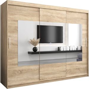 InspireMe - Kledingkast met 3 schuifdeuren, Modern-stijl, Een kledingkast met planken en een spiegel (BxHxD): 250x200x62 - TRINA 250 Sonoma Eik