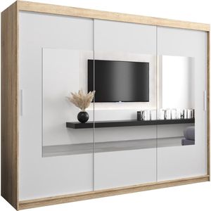 InspireMe - Kledingkast met 3 schuifdeuren, Modern-stijl, Een kledingkast met planken en een spiegel (BxHxD): 250x200x62 - TRINA 250 Sonoma Eik + Wit Mat mat 4 lades