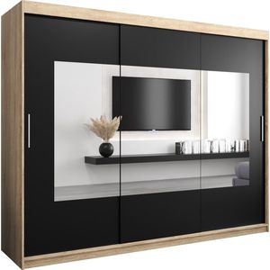 InspireMe - Kledingkast met 3 schuifdeuren, Modern-stijl, Een kledingkast met planken en een spiegel (BxHxD): 250x200x62 - TRINA 250 Sonoma Eik + Zwart Mat mat 4 lades