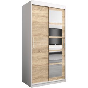 InspireMe - Kledingkast met 2 schuifdeuren, Modern-stijl, Een kledingkast met planken en een spiegel (BxHxD): 100x200x62 - VENEZIA I 100 Wit Mat + Sonoma Eik