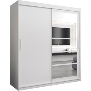 InspireMe - Kledingkast met 2 schuifdeuren, Modern-stijl, Een kledingkast met planken en een spiegel (BxHxD): 180x200x62 - VENEZIA I 180 Wit Mat met 4 lades