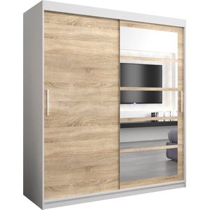 InspireMe - Kledingkast met 2 schuifdeuren, Modern-stijl, Een kledingkast met planken en een spiegel (BxHxD): 180x200x62 - VENEZIA I 180 Wit Mat + Sonoma Eik met 4 lades
