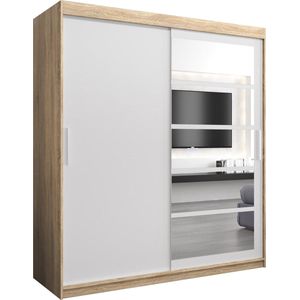 InspireMe - Kledingkast met 2 schuifdeuren, Modern-stijl, Een kledingkast met planken en een spiegel (BxHxD): 180x200x62 - VENEZIA I 180 Sonoma Eik + Wit Mat met 4 lades