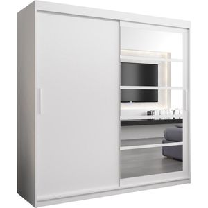 InspireMe - Kledingkast met 2 schuifdeuren, Modern-stijl, Een kledingkast met planken en een spiegel (BxHxD): 200x200x62 - VENEZIA I 200 Wit Mat met 4 lades