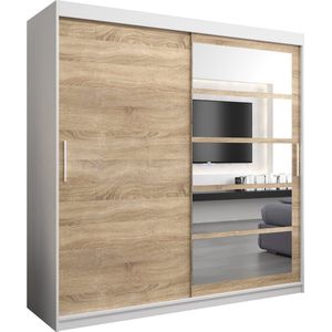 InspireMe - Kledingkast met 2 schuifdeuren, Modern-stijl, Een kledingkast met planken en een spiegel (BxHxD): 200x200x62 - VENEZIA I 200 Wit Mat + Sonoma Eik met 4 lades
