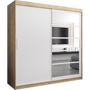 InspireMe - Kledingkast met 2 schuifdeuren, Modern-stijl, Een kledingkast met planken en een spiegel (BxHxD): 200x200x62 - VENEZIA I 200 Sonoma Eik + Wit Mat met 4 lades