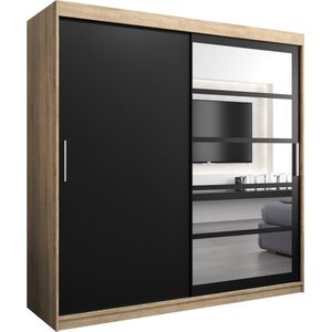 InspireMe - Kledingkast met 2 schuifdeuren, Modern-stijl, Een kledingkast met planken en een spiegel (BxHxD): 200x200x62 - VENEZIA I 200 Sonoma Eik + Zwart Mat