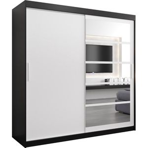 InspireMe - Kledingkast met 2 schuifdeuren, Modern-stijl, Een kledingkast met planken en een spiegel (BxHxD): 200x200x62 - VENEZIA I 200 Zwart Mat + Wit Mat met 4 lades