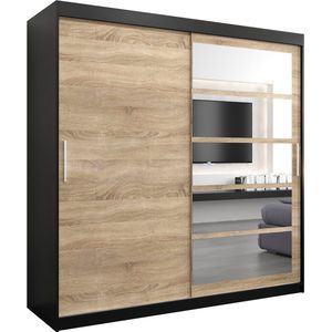 InspireMe - Kledingkast met 2 schuifdeuren, Modern-stijl, Een kledingkast met planken en een spiegel (BxHxD): 200x200x62 - VENEZIA I 200 Zwart Mat + Sonoma Eik