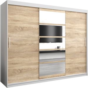 InspireMe - Kledingkast met 3 schuifdeuren, Modern-stijl, Een kledingkast met planken en een spiegel (BxHxD): 250x200x62 - VENEZIA I 250 Wit Mat + Sonoma Eik mat 4 lades