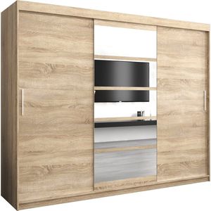 InspireMe - Kledingkast met 3 schuifdeuren, Modern-stijl, Een kledingkast met planken en een spiegel (BxHxD): 250x200x62 - VENEZIA I 250 Sonoma Eik mat 4 lades