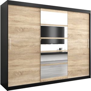 InspireMe - Kledingkast met 3 schuifdeuren, Modern-stijl, Een kledingkast met planken en een spiegel (BxHxD): 250x200x62 - VENEZIA I 250 Zwart Mat + Sonoma Eik