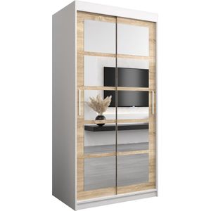 InspireMe - Kledingkast met 2 schuifdeuren, Modern-stijl, Een kledingkast met planken en een spiegel (BxHxD): 100x200x62 - VENEZIA II 100 Wit Mat + Sonoma Eik met 2 lades