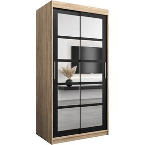 InspireMe - Kledingkast met 2 schuifdeuren, Modern-stijl, Een kledingkast met planken en een spiegel (BxHxD): 100x200x62 - VENEZIA II 100 Sonoma Eik + Zwart Mat