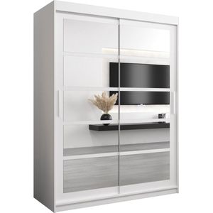 InspireMe - Kledingkast met 2 schuifdeuren, Modern-stijl, Een kledingkast met planken en een spiegel (BxHxD): 150x200x62 - VENEZIA II 150 Wit Mat