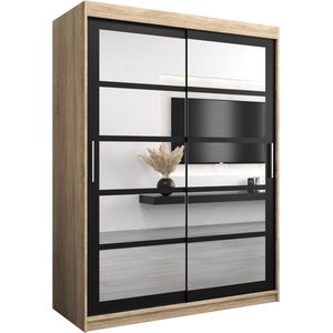 InspireMe - Kledingkast met 2 schuifdeuren, Modern-stijl, Een kledingkast met planken en een spiegel (BxHxD): 150x200x62 - VENEZIA II 150 Sonoma Eik + Zwart Mat
