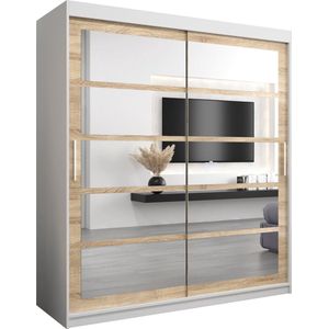 InspireMe - Kledingkast met 2 schuifdeuren, Modern-stijl, Een kledingkast met planken en een spiegel (BxHxD): 180x200x62 - VENEZIA II 180 Wit Mat + Sonoma Eik met 4 lades