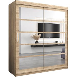 InspireMe - Kledingkast met 2 schuifdeuren, Modern-stijl, Een kledingkast met planken en een spiegel (BxHxD): 180x200x62 - VENEZIA II 180 Sonoma Eik met 4 lades