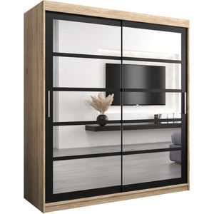 InspireMe - Kledingkast met 2 schuifdeuren, Modern-stijl, Een kledingkast met planken en een spiegel (BxHxD): 180x200x62 - VENEZIA II 180 Sonoma Eik + Zwart Mat met 4 lades