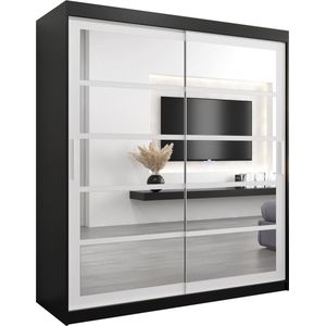 InspireMe - Kledingkast met 2 schuifdeuren, Modern-stijl, Een kledingkast met planken en een spiegel (BxHxD): 180x200x62 - VENEZIA II 180 Zwart Mat + Wit Mat
