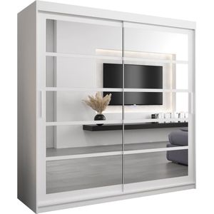 InspireMe - Kledingkast met 2 schuifdeuren, Modern-stijl, Een kledingkast met planken en een spiegel (BxHxD): 200x200x62 - VENEZIA II 200 Wit Mat met 4 lades