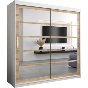 InspireMe - Kledingkast met 2 schuifdeuren, Modern-stijl, Een kledingkast met planken en een spiegel (BxHxD): 200x200x62 - VENEZIA II 200 Wit Mat + Sonoma Eik met 4 lades