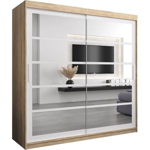 InspireMe - Kledingkast met 2 schuifdeuren, Modern-stijl, Een kledingkast met planken en een spiegel (BxHxD): 200x200x62 - VENEZIA II 200 Sonoma Eik + Wit Mat met 4 lades