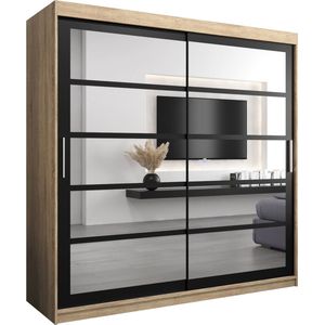 InspireMe - Kledingkast met 2 schuifdeuren, Modern-stijl, Een kledingkast met planken en een spiegel (BxHxD): 200x200x62 - VENEZIA II 200 Sonoma Eik + Zwart Mat met 4 lades