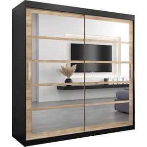 InspireMe - Kledingkast met 2 schuifdeuren, Modern-stijl, Een kledingkast met planken en een spiegel (BxHxD): 200x200x62 - VENEZIA II 200 Zwart Mat + Sonoma Eik