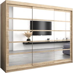 InspireMe - Kledingkast met 3 schuifdeuren, Modern-stijl, Een kledingkast met planken en een spiegel (BxHxD): 250x200x62 - VENEZIA II 250 Sonoma Eik