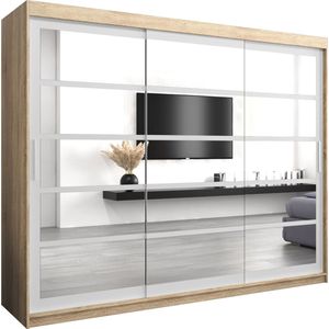 InspireMe - Kledingkast met 3 schuifdeuren, Modern-stijl, Een kledingkast met planken en een spiegel (BxHxD): 250x200x62 - VENEZIA II 250 Sonoma Eik + Wit Mat
