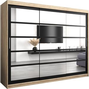 InspireMe - Kledingkast met 3 schuifdeuren, Modern-stijl, Een kledingkast met planken en een spiegel (BxHxD): 250x200x62 - VENEZIA II 250 Sonoma Eik + Zwart Mat mat 4 lades