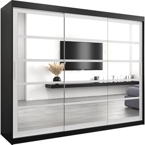InspireMe - Kledingkast met 3 schuifdeuren, Modern-stijl, Een kledingkast met planken en een spiegel (BxHxD): 250x200x62 - VENEZIA II 250 Zwart Mat + Wit Mat mat 4 lades