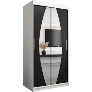 InspireMe - Kledingkast met 2 schuifdeuren, Modern-stijl, Een kledingkast met planken en een spiegel (BxHxD): 100x200x62 - GLOBE 100 Wit Mat + Zwart
