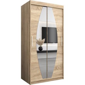 InspireMe - Kledingkast met 2 schuifdeuren, Modern-stijl, Een kledingkast met planken en een spiegel (BxHxD): 100x200x62 - GLOBE 100 Sonoma Eik