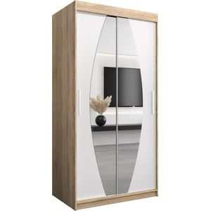 InspireMe - Kledingkast met 2 schuifdeuren, Modern-stijl, Een kledingkast met planken en een spiegel (BxHxD): 100x200x62 - GLOBE 100 Sonoma Eik + Wit Mat