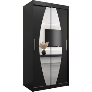 InspireMe - Kledingkast met 2 schuifdeuren, Modern-stijl, Een kledingkast met planken en een spiegel (BxHxD): 100x200x62 - GLOBE 100 Zwart Mat met 2 lades