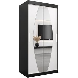 InspireMe - Kledingkast met 2 schuifdeuren, Modern-stijl, Een kledingkast met planken en een spiegel (BxHxD): 100x200x62 - GLOBE 100 Zwart Mat + Wit Mat