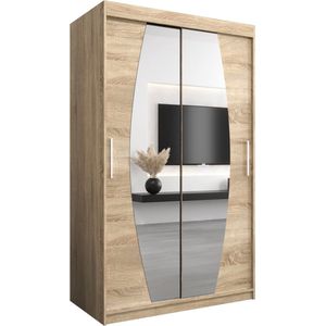 InspireMe - Kledingkast met 2 schuifdeuren, Modern-stijl, Een kledingkast met planken en een spiegel (BxHxD): 120x200x62 - GLOBE 120 Sonoma Eik met 2 lades