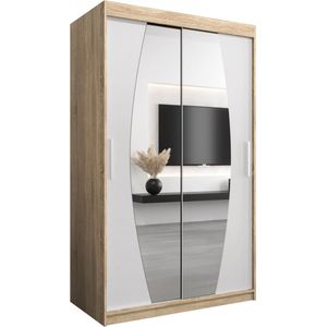 InspireMe - Kledingkast met 2 schuifdeuren, Modern-stijl, Een kledingkast met planken en een spiegel (BxHxD): 120x200x62 - GLOBE 120 Sonoma Eik + Wit Mat