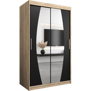 InspireMe - Kledingkast met 2 schuifdeuren, Modern-stijl, Een kledingkast met planken en een spiegel (BxHxD): 120x200x62 - GLOBE 120 Sonoma Eik + Zwart Mat