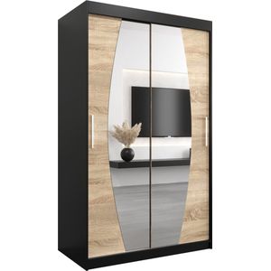 InspireMe - Kledingkast met 2 schuifdeuren, Modern-stijl, Een kledingkast met planken en een spiegel (BxHxD): 120x200x62 - GLOBE 120 Zwart Mat + Sonoma Eik