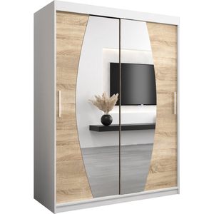 InspireMe - Kledingkast met 2 schuifdeuren, Modern-stijl, Een kledingkast met planken en een spiegel (BxHxD): 150x200x62 - GLOBE 150 Wit Mat + Sonoma Eik