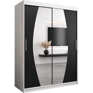 InspireMe - Kledingkast met 2 schuifdeuren, Modern-stijl, Een kledingkast met planken en een spiegel (BxHxD): 150x200x62 - GLOBE 150 Wit Mat + Zwart met 2 lades