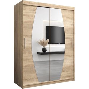InspireMe - Kledingkast met 2 schuifdeuren, Modern-stijl, Een kledingkast met planken en een spiegel (BxHxD): 150x200x62 - GLOBE 150 Sonoma Eik