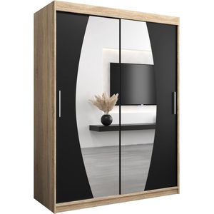 InspireMe - Kledingkast met 2 schuifdeuren, Modern-stijl, Een kledingkast met planken en een spiegel (BxHxD): 150x200x62 - GLOBE 150 Sonoma Eik + Zwart Mat met 2 lades