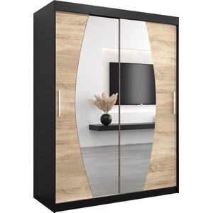 InspireMe - Kledingkast met 2 schuifdeuren, Modern-stijl, Een kledingkast met planken en een spiegel (BxHxD): 150x200x62 - GLOBE 150 Zwart Mat + Sonoma Eik met 2 lades