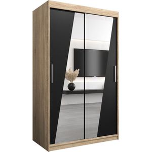InspireMe - Kledingkast met 2 schuifdeuren, Modern-stijl, Een kledingkast met planken en een spiegel (BxHxD): 120x200x62 - THOR 120 Sonoma Eik + Zwart Mat met 2 lades