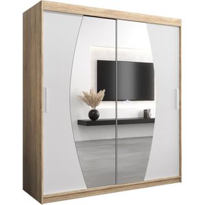 InspireMe - Kledingkast met 2 schuifdeuren, Modern-stijl, Een kledingkast met planken en een spiegel (BxHxD): 180x200x62 - GLOBE 180 Sonoma Eik + Wit Mat met 4 lades