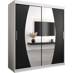 InspireMe - Kledingkast met 2 schuifdeuren, Modern-stijl, Een kledingkast met planken en een spiegel (BxHxD): 180x200x62 - GLOBE 180 Wit Mat + Zwart met 4 lades